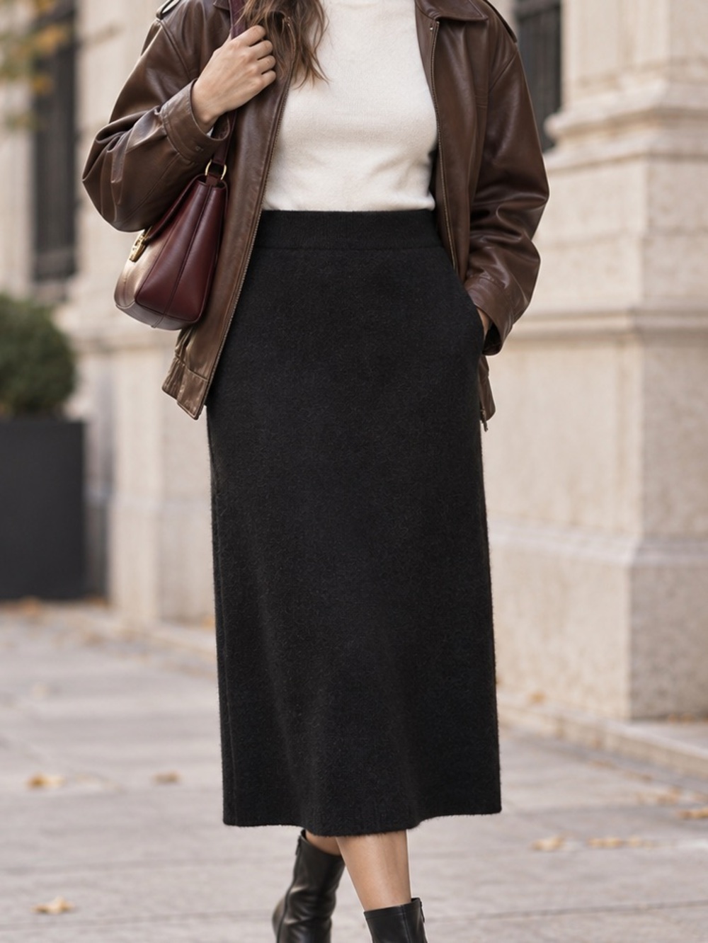 Black Soft Knit Pull-On Midi Skirt Elastic Waist Size M